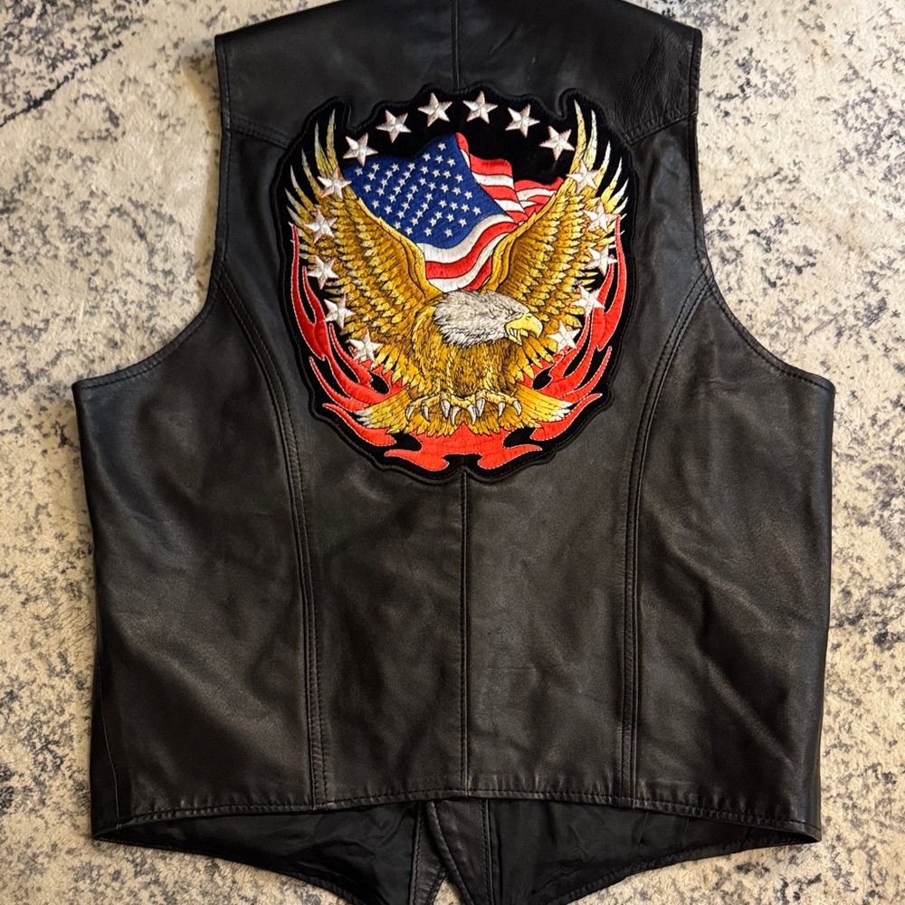 Black Biker Vest with Bald Eagle Design on back